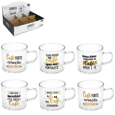 CANECA XICARA DE VIDRO BOROSSILICATO FRASES COM 6 PECAS 80ML