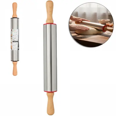ROLO PARA MASSA DE INOX CABO MADEIRA 43X5CM DE Ø
