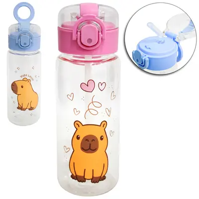 GARRAFA SQUEEZE DE PLASTICO CAPIVARA COM CANUDO + BOTAO + TRAVA + E ALCA 440ML