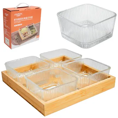 CONJUNTO PETISQUEIRA DE VIDRO QUADRADA COM 4 PECAS 280ML + BANDEJA DE BAMBU 21,5CM