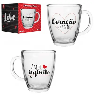 CANECA XICARA DE VIDRO CONICA COLECAO LOVE CORACAO GRANDE 350ML