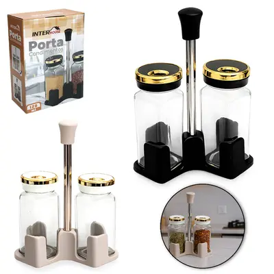 PORTA CONDIMENTO DE VIDRO 2 PECAS 120ML COM TAMPA DE INOX + SUPORTE DE PLASTICO INTER HOUSE