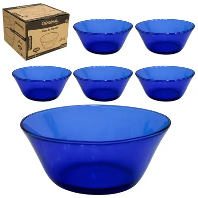 JOGO DE TIGELA DE VIDRO REDONDA PACIFICO AZUL COM 6 PECAS 650ML 16,5CM DE Ø