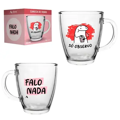 CANECA XICARA DE VIDRO CONICA COLECAO FLORK FALO NADA SO OBSERVO 350ML