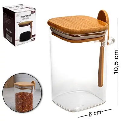 POTE DE VIDRO BOROSSILICATO LISO QUADRADO COM ALCA + COLHER E TAMPA HERMETICA MADEIRA / BAMBU 260ML