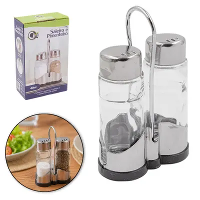 PORTA CONDIMENTO DE VIDRO COM 2 PECAS 40ML + SUPORTE DE PLASTICO / INOX