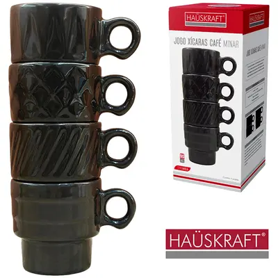 JOGO DE XICARA DE PORCELANA EMPILHAVEL PARA CAFE MINAR HAUSKRAFT PRETO COM 4 PECAS 90ML