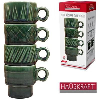 JOGO DE XICARA DE PORCELANA EMPILHAVEL PARA CAFE MINAR HAUSKRAFT VERDE COM 4 PECAS 90ML