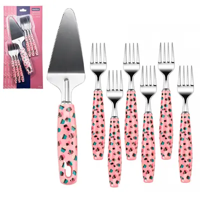 CONJUNTO PARA BOLO E TORTA COM 6 GARFO + ESPATULA DE INOX CABO PLASTICO DOCE AMOR
