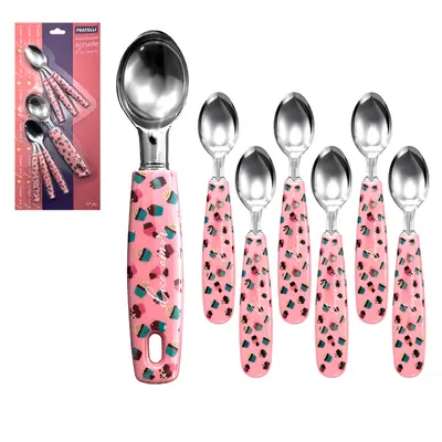 CONJUNTO PARA SORVETE COM 6 COLHER + CONCHA DE INOX CABO PLASTICO DOCE AMOR