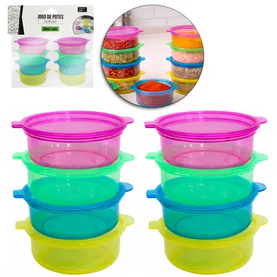 CONJUNTO DE MINI POTE DE PLASTICO REDONDO COM TAMPA COLORS 8 PECAS 60ML 2,5X6CM DE Ø