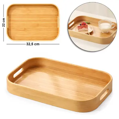 BANDEJA DE BAMBU E MDF RETANGULAR DECORATIVA COM ALCA 32,5X22X3,5CM