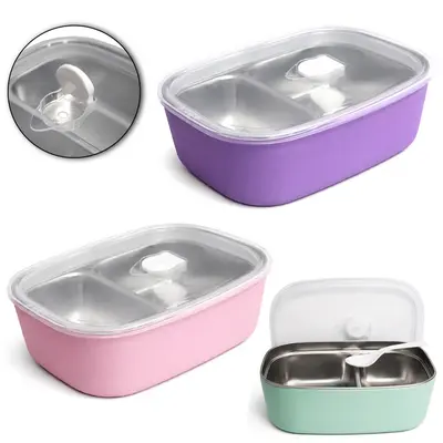 MARMITA DE INOX / PLASTICO RETANGULAR COM 2 DIVISORIAS + COLHER COM TAMPA E VALVULA 760ML