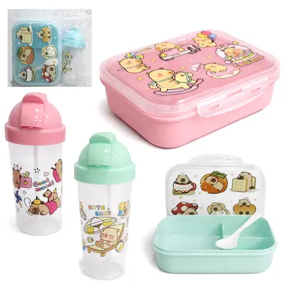 KIT ALIMENTACAO / PAPINHA VIAGEM MARMITA DE PLASTICO RETANGULAR COM TAMPA + COLHER E COPO 300ML