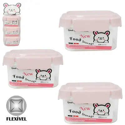 CONJUNTO DE POTE DE PLASTICO PET FLEXIVEL RETANGULAR COM TAMPA HERMETICA E TRAVA 3 PECAS 150ML