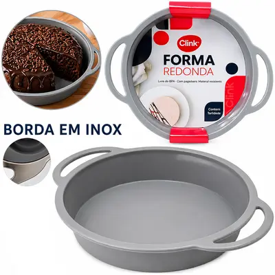 FORMA DE SILICONE REDONDA PARA BOLO / TORTA COM BORDA DE INOX 4,5X30,5X25CM DE Ø