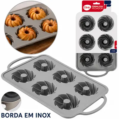 FORMA DE SILICONE RETANGULAR PARA CUPCAKE COM 6 CAVIDADES + BORDA DE INOX 32,5X18,5X3CM