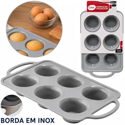 FORMA DE SILICONE RETANGULAR PARA CUPCAKE COM 6 CAVIDADES + BORDA DE INOX 32,5X18,5X3,8CM