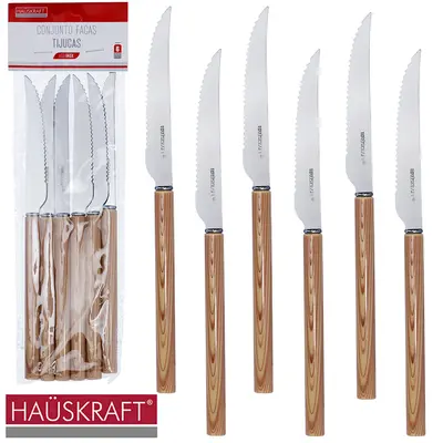 FACA DE MESA DE INOX CABO PLASTICO TIPO MADEIRA TIJUCAS HAUSKRAFT COM 6 PECAS 22CM