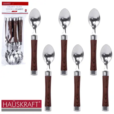 COLHER DE SOBREMESA DE INOX CABO PLASTICO TIPO MADEIRA BELMONTE HAUSKRAFT COM 6 PECAS 15CM