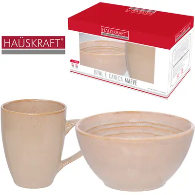 CANECA + TIGELA CUMBUCA BOWL DE PORCELANA MAEVE BEGE HAUSKRAFT 280/500ML