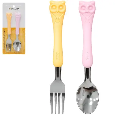 CONJUNTO DE TALHER INFANTIL COM COLHER + GARFO DE INOX CABO PLASTICO CORUJA