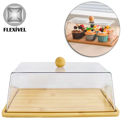 BANDEJA DE BAMBU RETANGULAR COM TAMPA DE PLASTICO PET FLEXIVEL 30X17X12,5CM