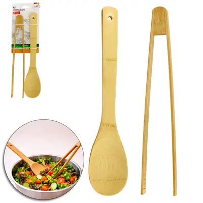 KIT COM COLHER + PINCA PEGADOR DE BAMBU