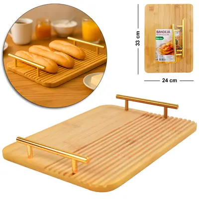 BANDEJA PETISQUEIRA DE BAMBU RETANGULAR COM ALCA DE PLASTICO DOURADO 33X24X4CM