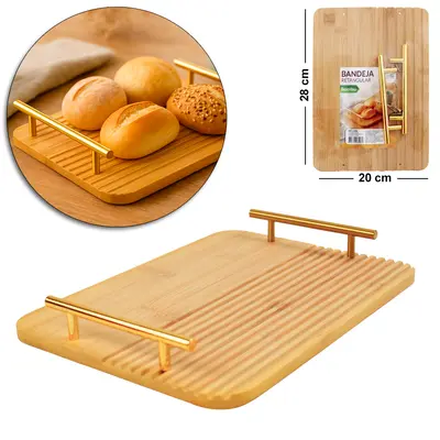 BANDEJA PETISQUEIRA DE BAMBU RETANGULAR COM ALCA DE PLASTICO DOURADO 28X20X4CM