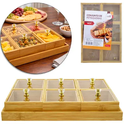 CONJUNTO PETISQUEIRA DE MADEIRA MDF COM 6 PECAS + BANDEJA E TAMPA DE PLASTICO PET