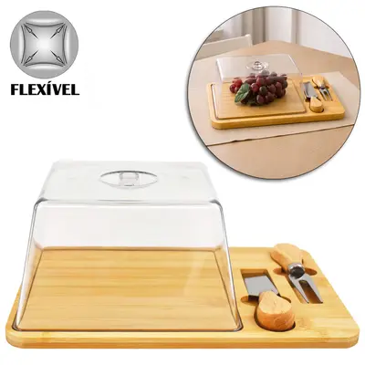 CONJUNTO PARA QUEIJO E FRIOS COM FACA + GARFO DE INOX + TABUA BAMBU E TAMPA PLASTICO PET FLEXIVEL 28X20X10CM