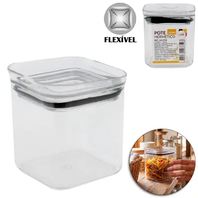 POTE DE PLASTICO PET FLEXIVEL QUADRADO EMPILHAVEL COM TAMPA HERMETICA 160ML