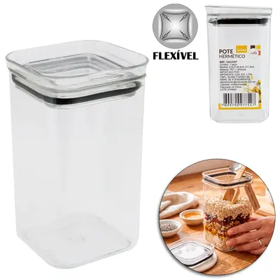 POTE DE PLASTICO PET FLEXIVEL QUADRADO EMPILHAVEL COM TAMPA HERMETICA 260ML