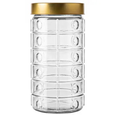POTE DE VIDRO REDONDO QUADRICULADO COM TAMPA DE METAL METALIZADO DOURADO 2L