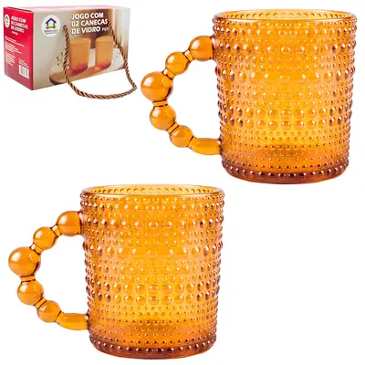 JOGO DE CANECA XICARA DE VIDRO PARA CAFE / CAPPUCCINO PEROLA AMBAR COM 2 PECAS 250ML