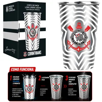 COPO CORINTHIANS DE INOX LONG DRINK COM REACAO TERMICA 450ML