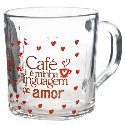 CANECA XICARA DE VIDRO CAFE E MINHA LINGUAGEM DE AMOR 215ML