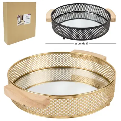BANDEJA DE METAL COM FUNDO DE ACRILICO REDONDO + ALCA DE MADEIRA DECORATIVA DECOR 6X29X25CM DE Ø