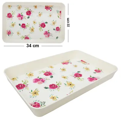 BANDEJA DE PLASTICO RETANGULAR FLORAL 34X22X4CM
