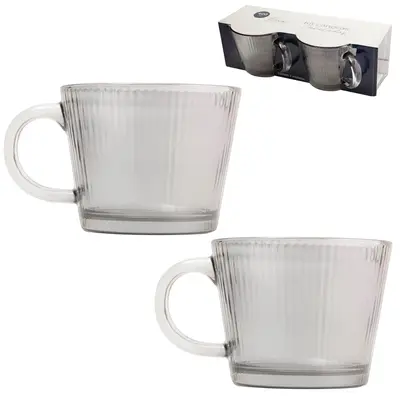JOGO DE CANECA XICARA DE VIDRO CANELADAS FUME FLUX COM 2 PECAS 400ML