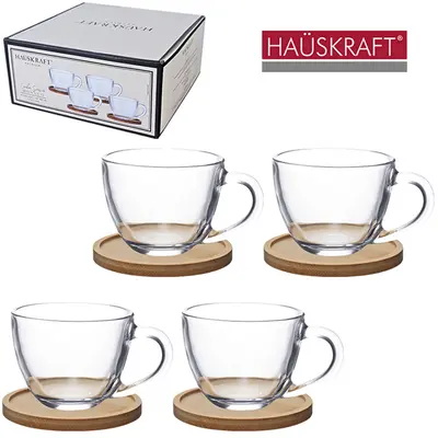 JOGO XICARA VIDRO CRISTAL + (PORTA COPO) SUPORTE BAMBU CAFE LINHA SERVIR MONACO HAUSKRAFT PREMIUM 8 PECAS