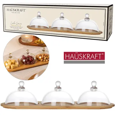 BANDEJA MINI PETISQUEIRA DE BAMBU OVAL TRIPLA + TAMPA DE VIDRO CRISTAL LISO LINHA SERVIR MONACO HAUSKRAFT PREMIUM