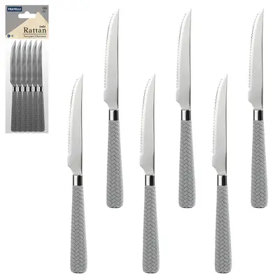 FACA DE CHURRASCO DE INOX 4,5'' CABO PLASTICO RATTAN CINZA 6 PECAS