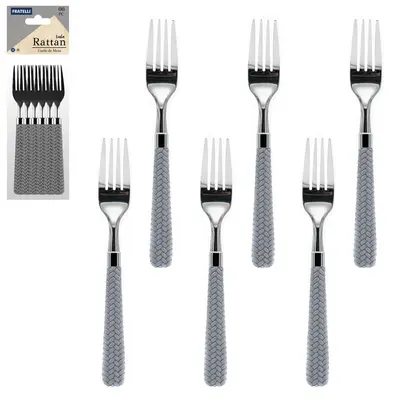 GARFO DE MESA DE INOX CABO PLASTICO RATTAN CINZA 6 PECAS 19X2,5CM