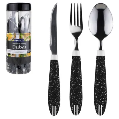 CONJUNTO DE TALHERES / FAQUEIRO DE INOX COM 12 PECAS CABO PLASTICO DUBAI PRETO GRANITE NO POTE