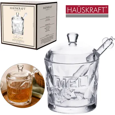 PORTA MEL/MELEIRA DE VIDRO COM TAMPA + PEGADOR DE ACRILICO LINHA SERVIR MEMORY HAUSKRAFT PREMIUM 240ML