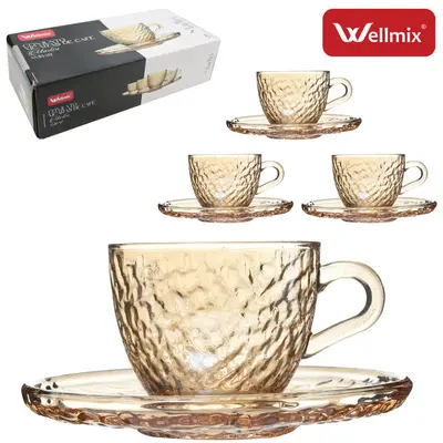 JOGO DE XICARA DE VIDRO CRAQUELADO COM PIRES PARA CAFE MARTIRI COLLECTION AMBAR 8 PECAS 90ML