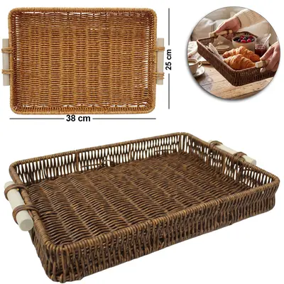 BANDEJA DE PLASTICO TIPO VIME RETANGULAR COM ALCA DE MADEIRA 38X25X5CM