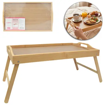 MESA BANDEJA DE MADEIRA / BAMBU RETANGULAR COM PES RETRATEIS 49X29X4CM